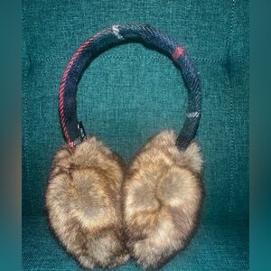 J. Crew Faux Fur Earmuffs Navy Tartan Plaid Excellent Condition